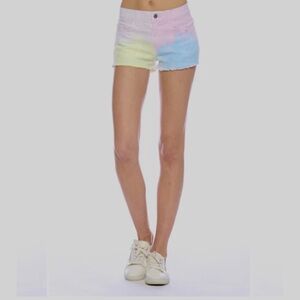 O2 Denim Pastel Tie-Dye Raw Hem Women Shorts. Pink Blue High Rise Denim Shorts